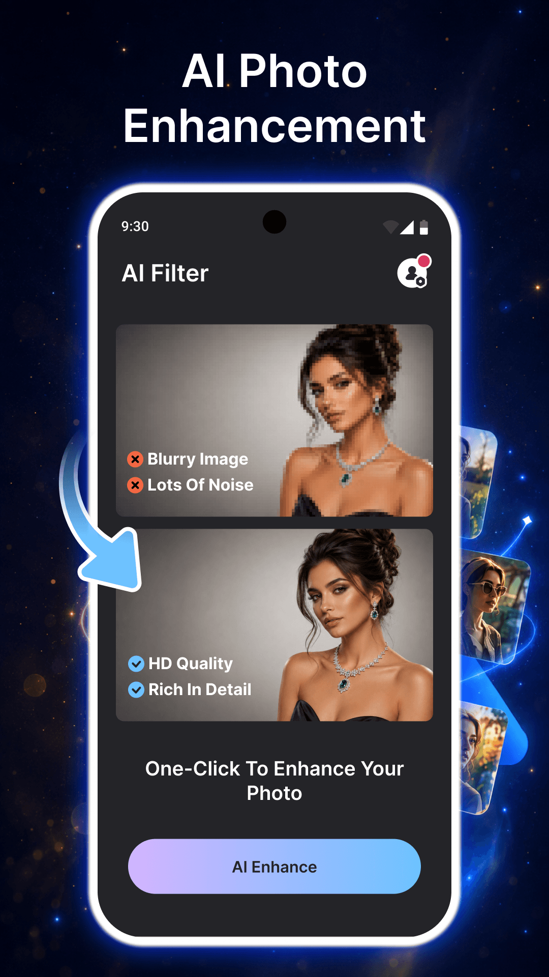 AI photo enhancement before and after